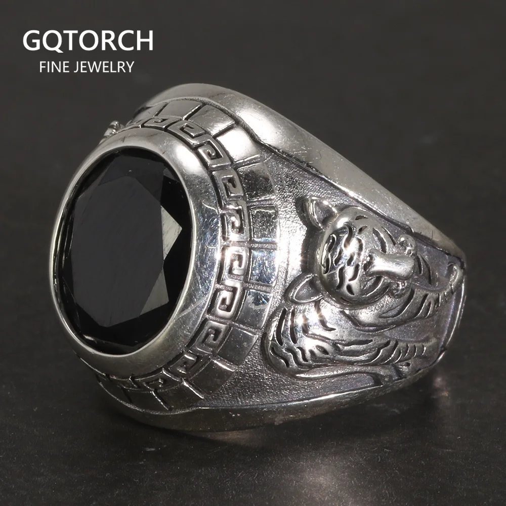 Genuine Pure 925 Sterling Silver Men's Dragon Tiger Ring with Black Zircon Stone Vintage Engraving Punk Rock Vintage Jewelry