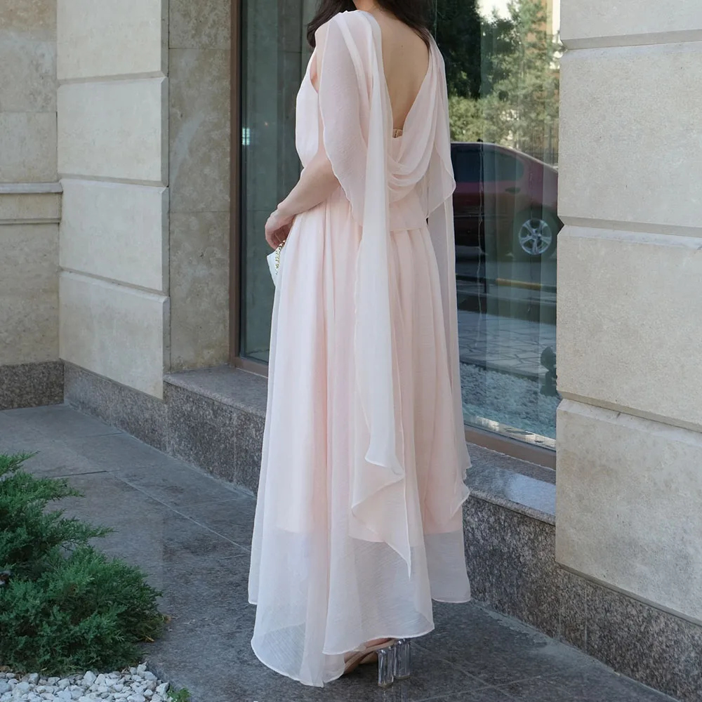 

Customized A-line Evening Dresses Floor-length High-neck Sleeveless Prom Gown Simple Fashion Backless Draped Casual Party Gown