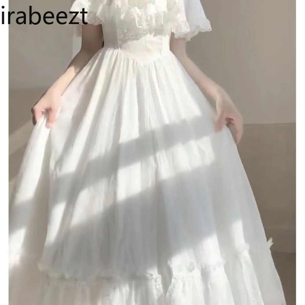 Fashion Tea Break French Gentle Style White Puffed Sleeve Robe Summer Escape Princess Vintage Birthday Dress for Women