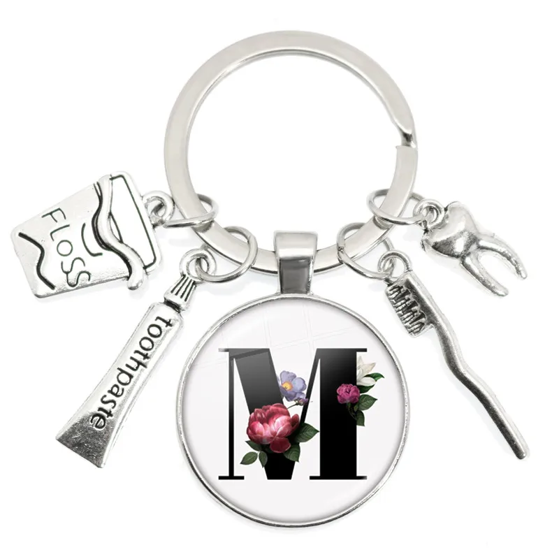 Latest Dentist Dental Tooth Toothbrush Keychain A-Z Round Glass Dome Cabochon Pendant Dental Assistant Gift Dental Care Keychain