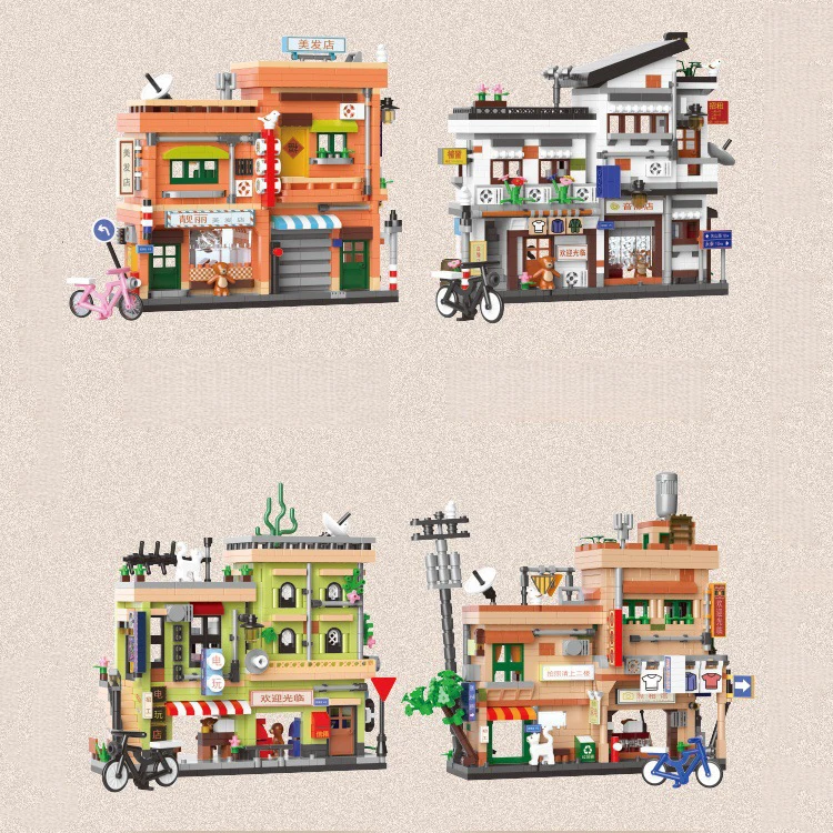 Creative China City Street View Mini Block Hair Salon Video Store Game Shop Photo Studio Construction Building Brick Toys