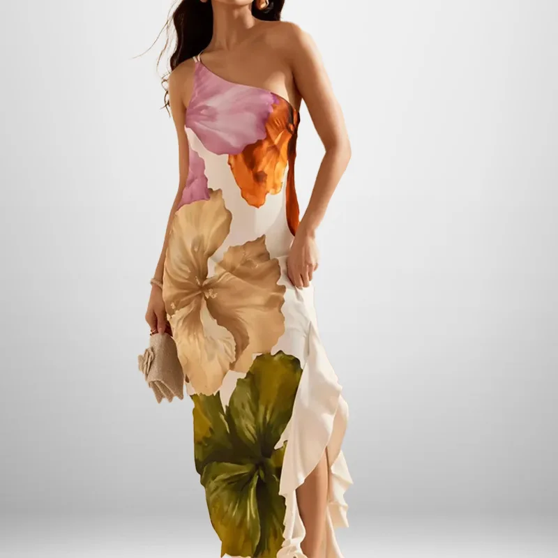 Women's Floral Print One Shoulder Maxi Dress Asymmetrical Ruffle Hem Sleeveless Casual Summer Vacation Beach Elegant Chic Outfit