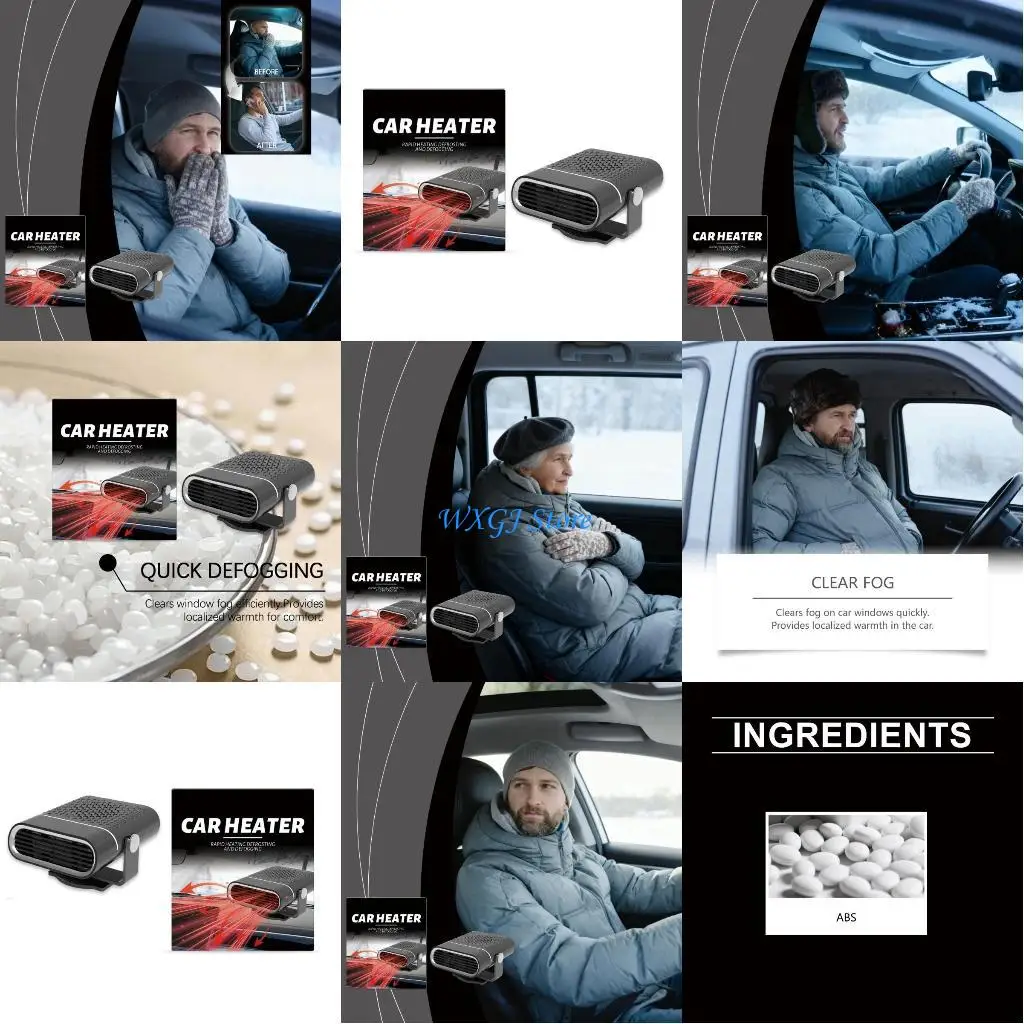 

37JE Windshield Defogger Adjustable Heating Fan Car Heater Adhesive Demister Defroster Rotating Heating Dryer