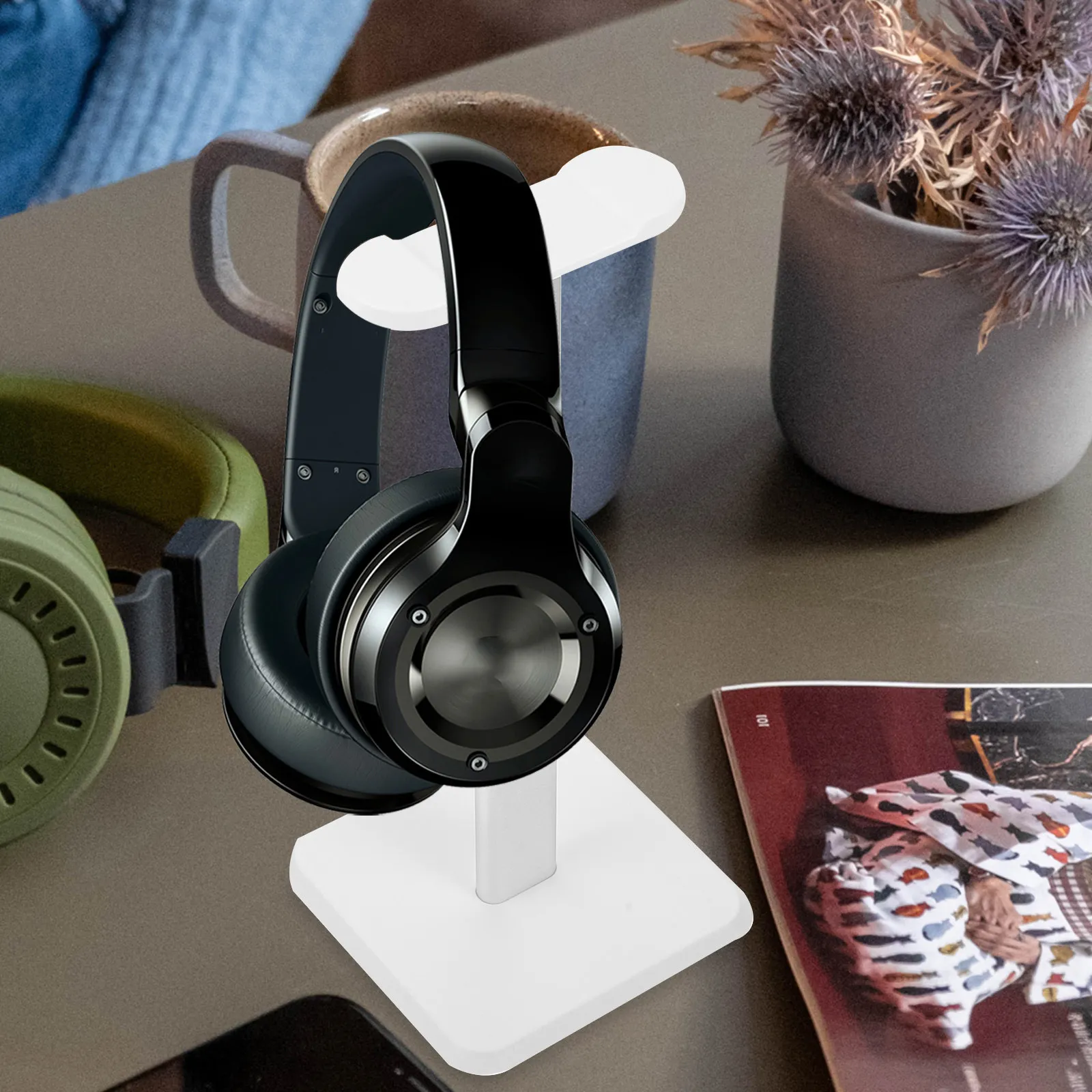 Headphone Display Stand White Aluminum Polished Head-Mounted Rack Desk Organizer for Office Laptop Monitor Minimal Decor