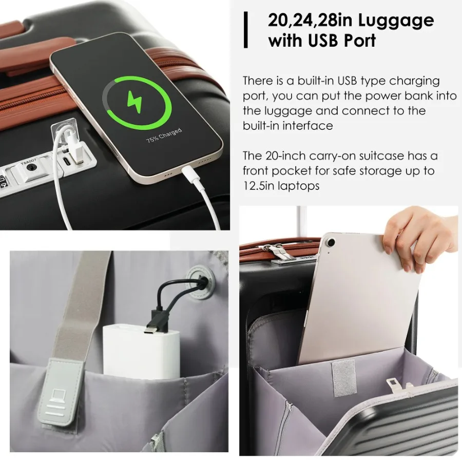 Bagaglio a mano da 20 pollici con apertura frontale con set di borse da viaggio espandibili Set di valigie in due pezzi con guscio rigido in ABS con porta USB Cup H