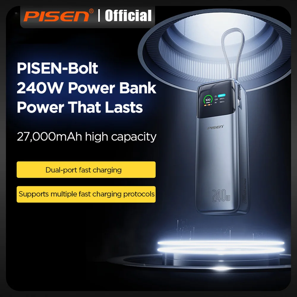 PISEN 240 Вт сверхбыстрая зарядка Power Bank 27000 мАч повербанк Встроенный кабель USB C 140 Вт Внешний аккумулятор Powerbank для ноутбука Macbook iPad