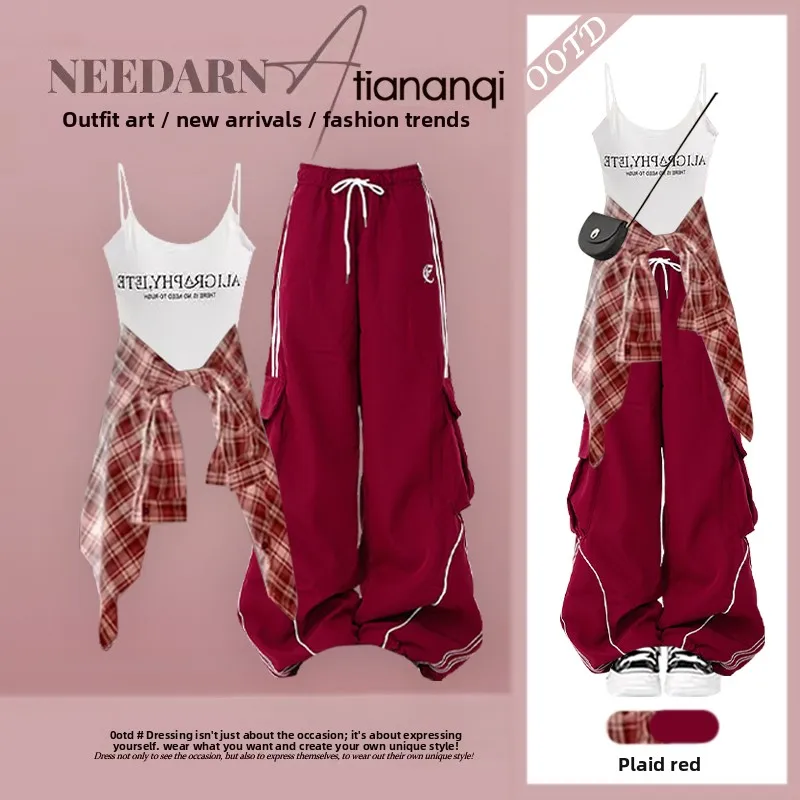 

Dopamine Style Women's Plaid Shirt Strap Loose Workwear Pants Three-Piece Set Large Size Spring Fashion Casual Outfit