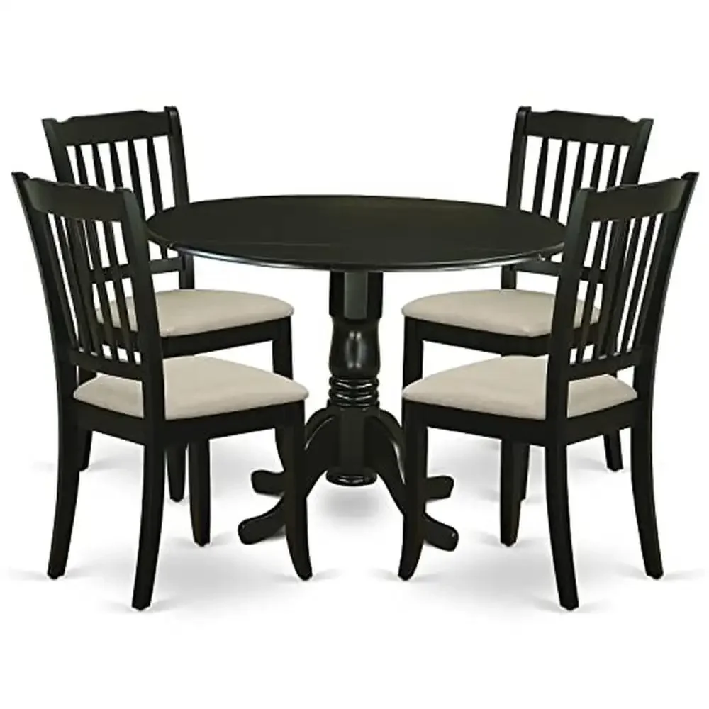 Round Kitchen Table Set with Dropleaf & Upholstered Chairs 5 Piece Dining Set / Black Finish / Linen Fabric / Elegant Design &