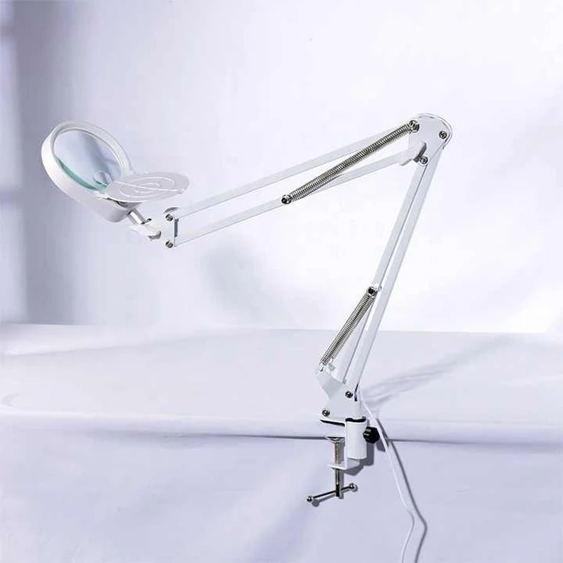 5X White Magnifying Lamp with 100mm Lens, 3 Color Modes Stepless Dimming Light,Heavy Duty Metal Swivel Arms and adjustable clamp