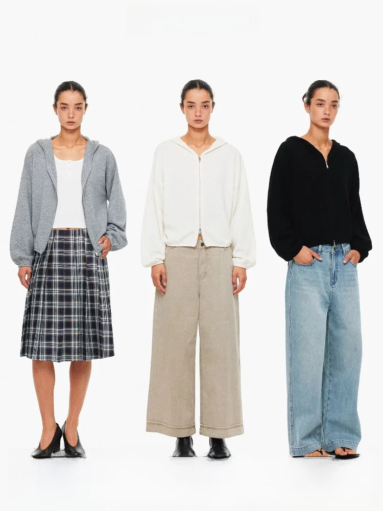 

AgeofAscent 00 Woolen Skin-friendly Hooded Double Zipper Knitted Open Cardigan Women's Casual Loose Fit Long Sve Top