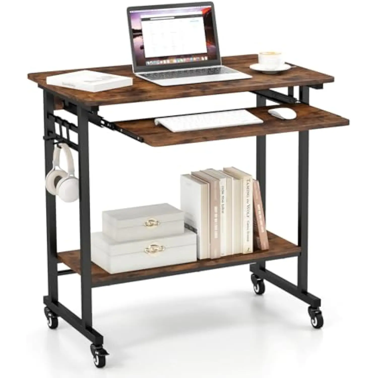 

Rolling Computer Desk, Mobile Desk with Keyboard Tray, Portable Laptop Desk Cart with Shelf & Hooks, Small Desk with Wheels
