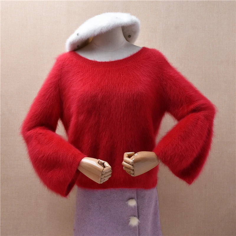 

Ladies Women Autumn Winter Clothing Hairy Plush Mink Cashmere Knitted O-Neck Three Quarter Sleeves Loose Crop Sweater Jumper Top
