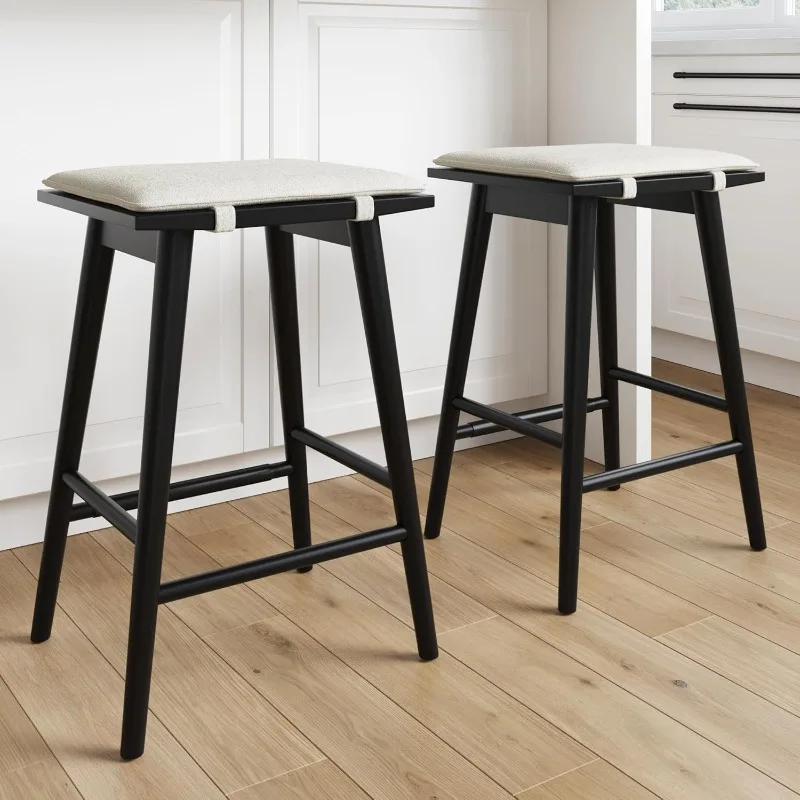 Counter Height Wood Barstool with Upholstered Cushion, Backless Island Stool for Kitchen, Black/Cream Boucle, Set of 2