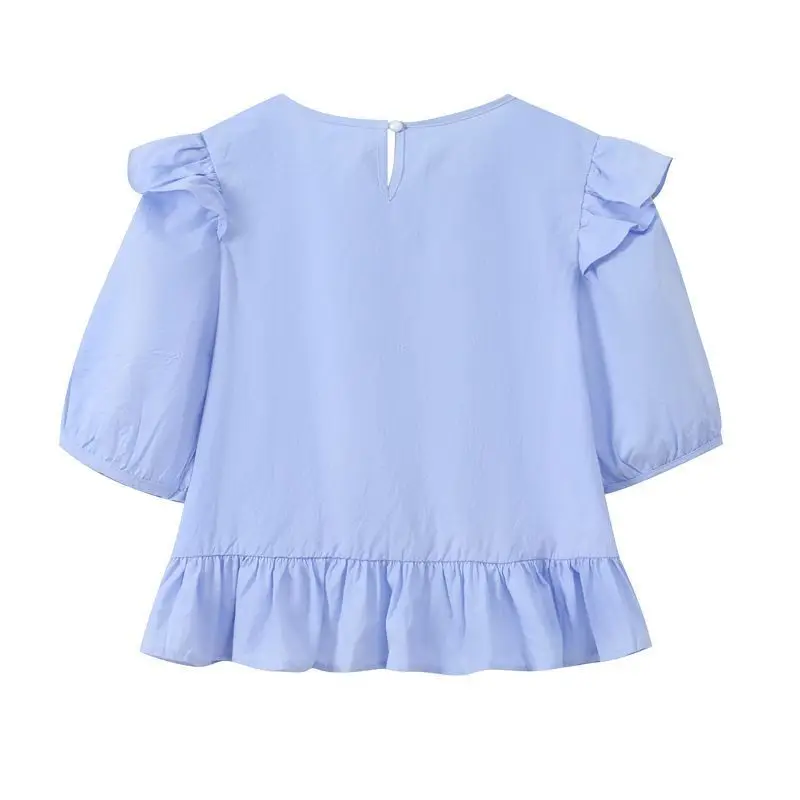 Cute Girls Korean Style Ruffle Blouse Peter Pan Collar Loose Fit Top with Puff Sleeves Ethereal Kids Fashion Casual Shirt​ - view 4