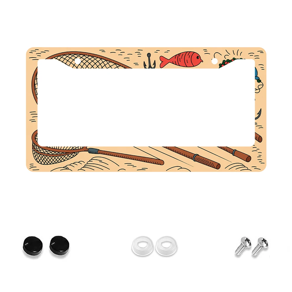 

1pc Beige 2-Hole License Plate Frame with Fishing Rod Fish Net Pattern, Aluminum Material, 6x12 Inches, Includes Screw Kit, Fun