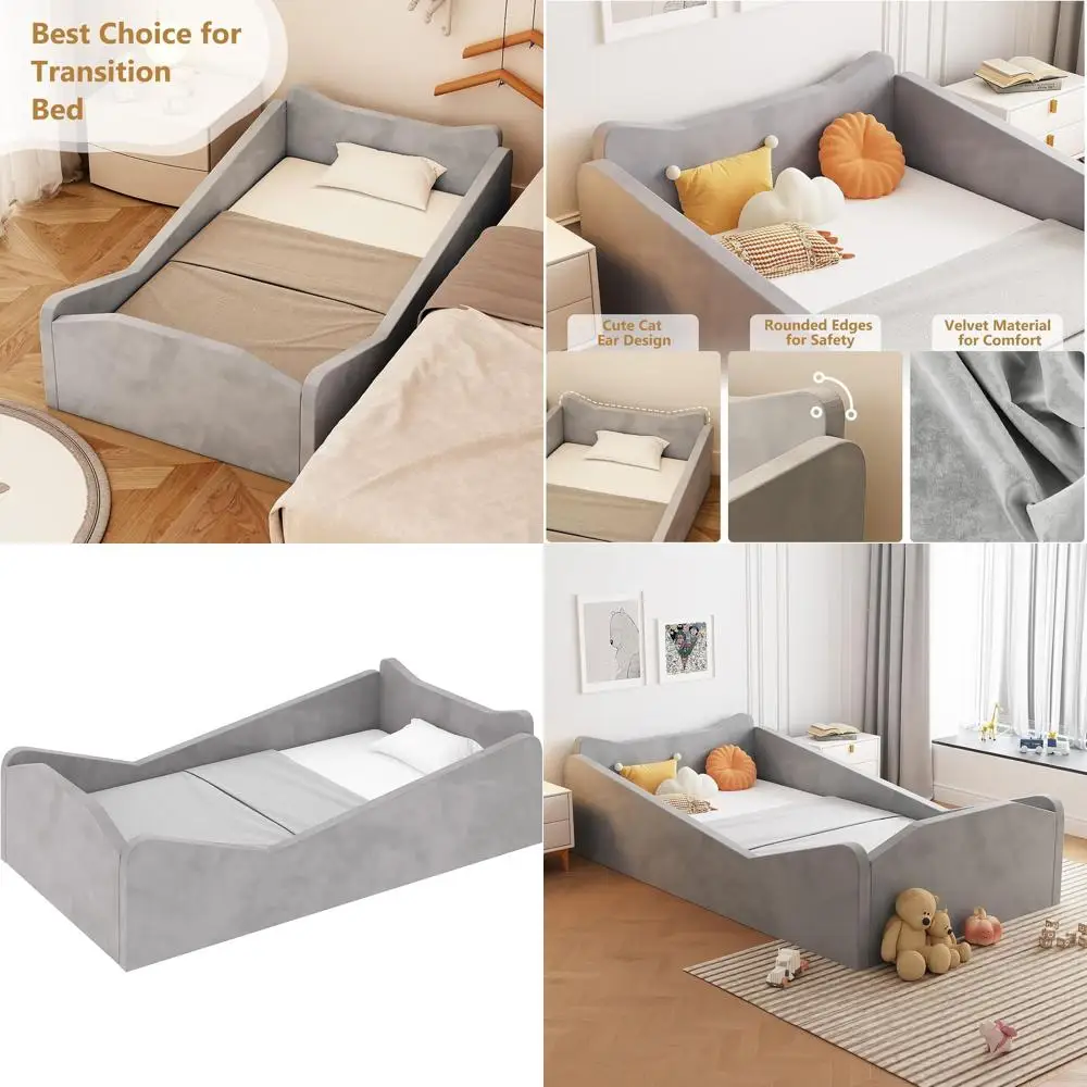 

Toddler Bed with Safety Rail, Animal Ear Design, Soft Velvet, Wooden Bed for Infants (Gray)