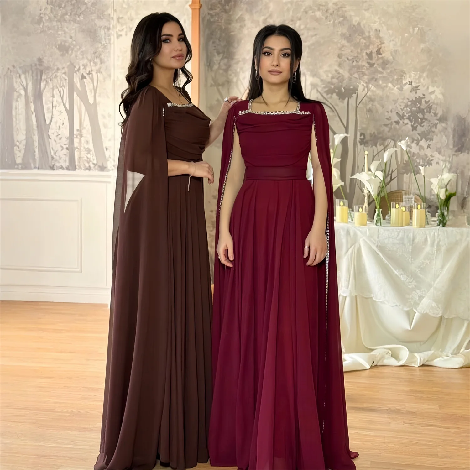 

EDECPBM Beading Evening Dress Women Luxury Burgundy Chiffon Sleeveless Floor-Length Events Customized 2026 Robes de Soirée