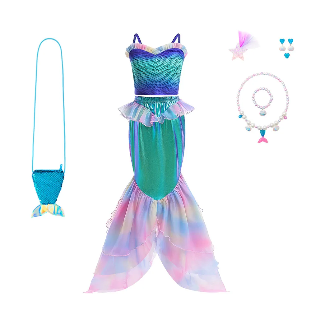 Baby Girls Mermaid Princess Dress Set Swimwear Ariel Cosplay Costume 3-8Yr Birthday Party Halloween Carnival Spring Clothes Suit