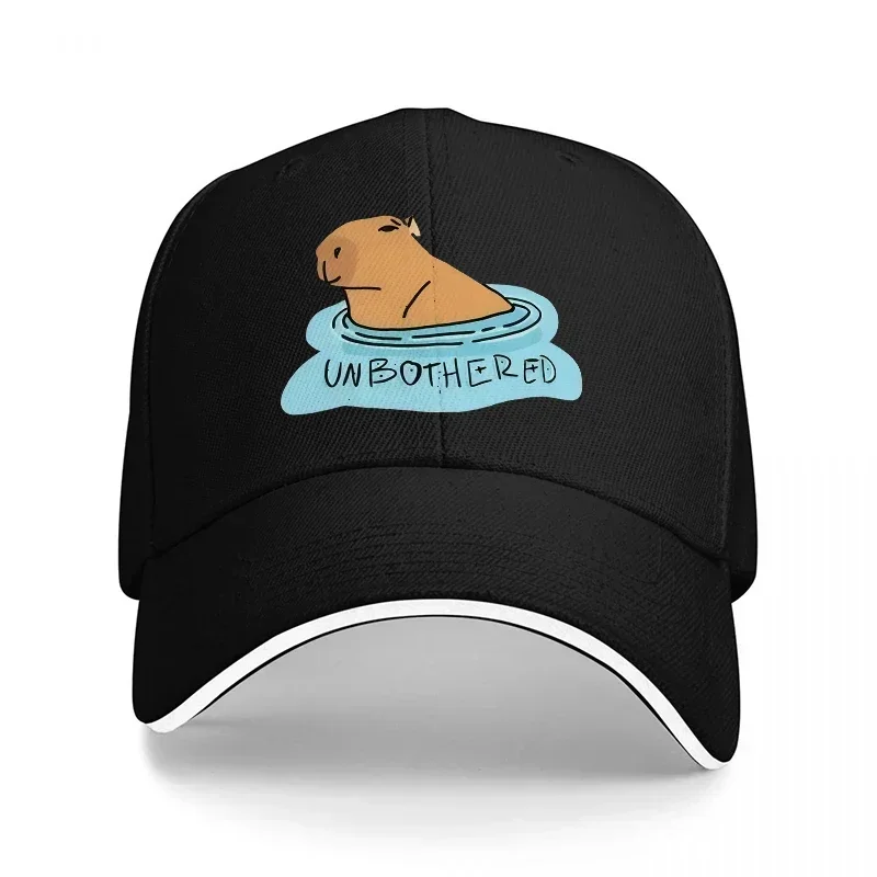 New UNBOOTHERED CAPYBARA FLOATING IN WATER BLACK BASEBALL HAT WITH FUNNY ANIMAL DESIGN AND CALM VIBE FOR DAILY WEAR