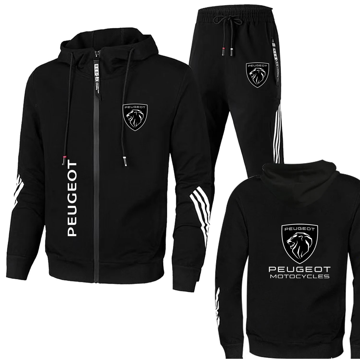 2025 neue trendige Peugeot Herrenbekleidung, Logo-Druck, Trainingsanzug, lässig, übergroß, Herren-Sweatshirt mit Reißverschluss + Hose, 2-teilige