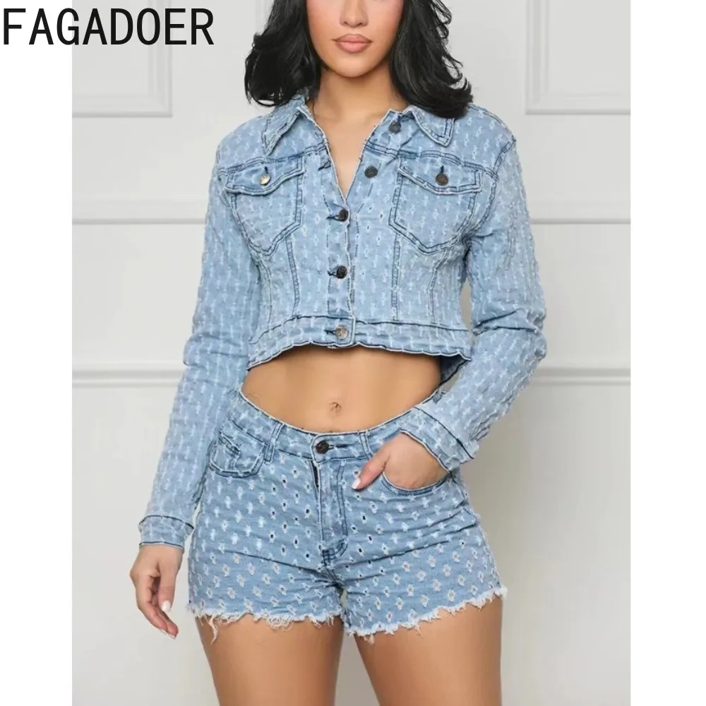 

FAGADOER Fashion Hole High Quality Denim Two Piece Sets Women Turndown Collar Button Crop Top+Shorts Outfits Female Cowboy Suits