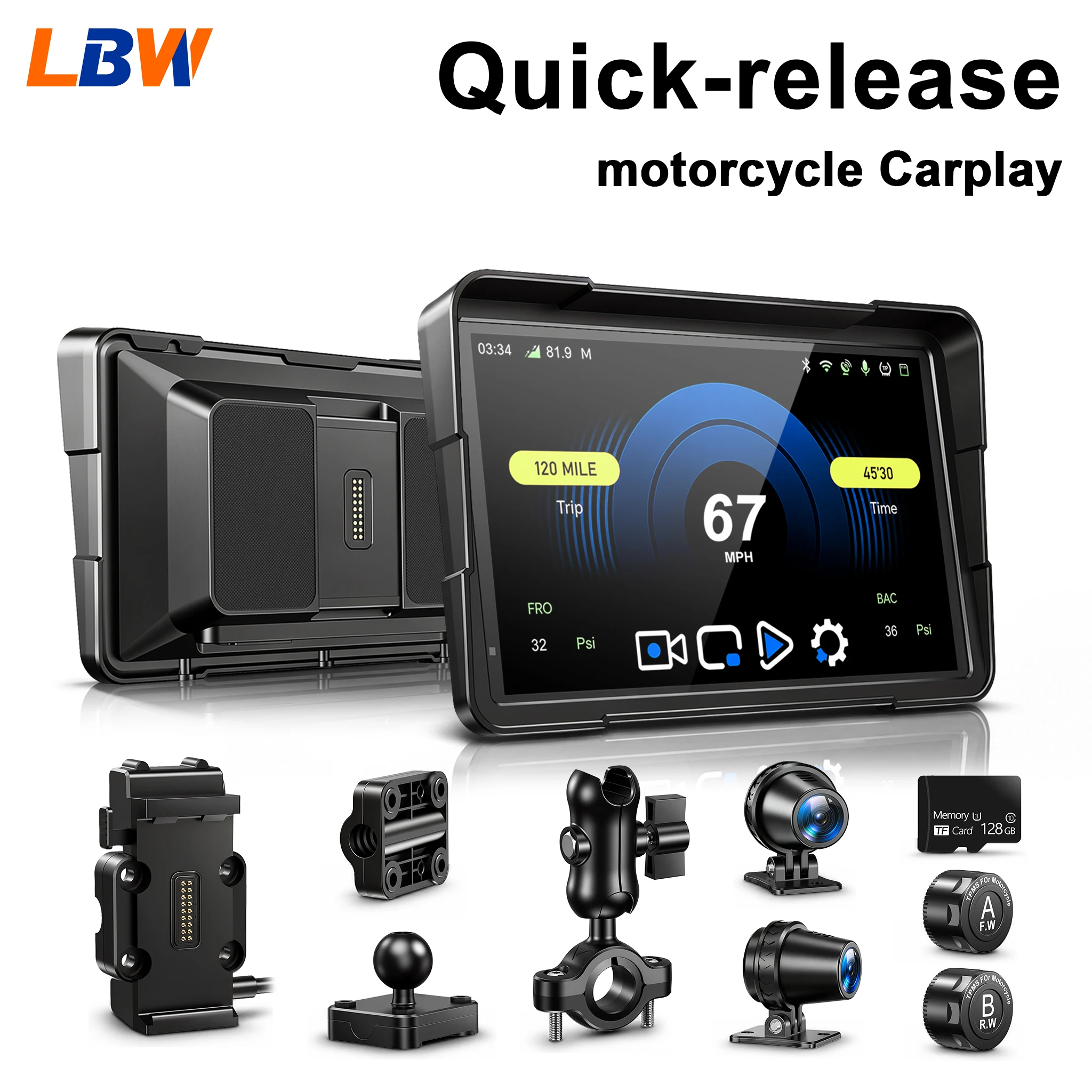 GPS-навигатор LBW 7 дюймов с быстрым креплением для мотоциклов, поддержка CarPlay и Android, включает TPMS и двойные камеры, подходит для всех моделей мотоциклов.