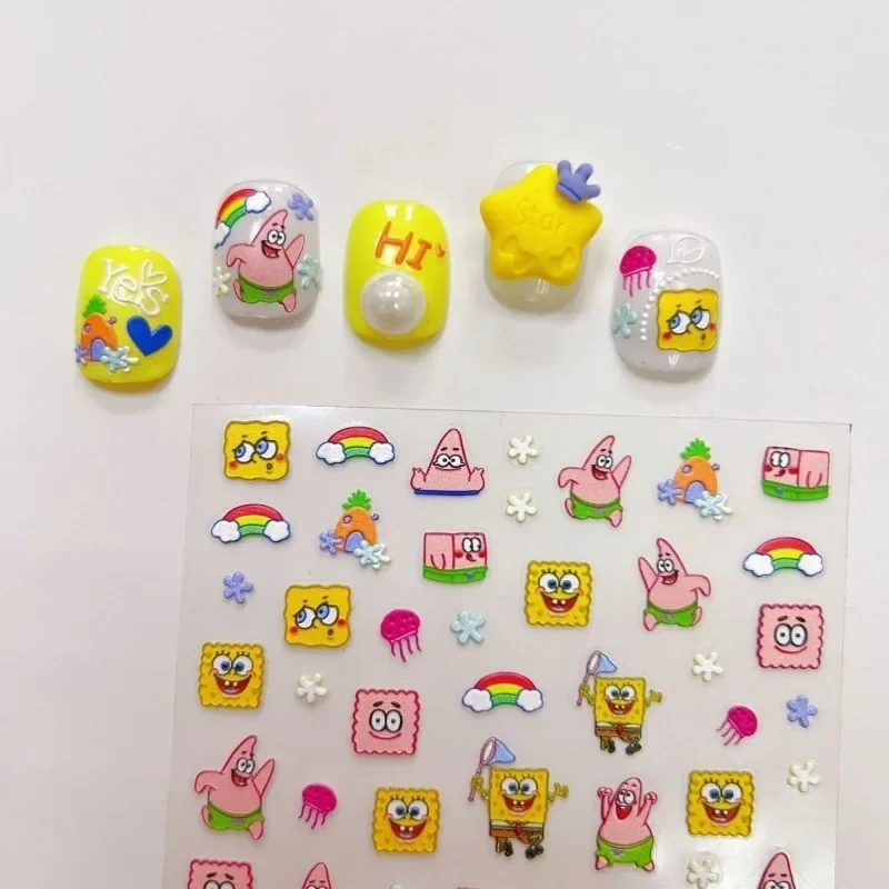Autocollants décoratifs pour ongles Bob l'éponge SquarePants pour enfants, dessin animé, mignon, 3D, en relief, tridimensionnel, vente en gros
