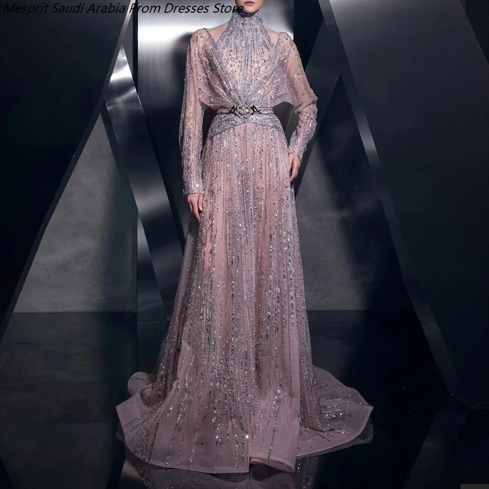 

Women's A-line Evening Dresses Floor-length High-neck Full Sleeve Prom Dresses Fashion Crystal Simple Draped Customized Gowns