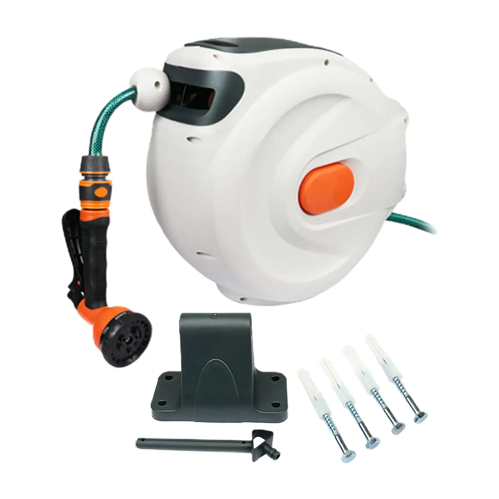 Wall Mount Hose Reel, 7 Pattern Hose Nozzle, Slow Return System, Automatic Rewind for Watering