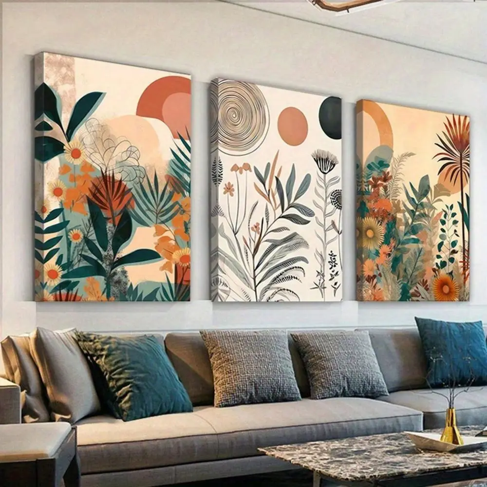 

Set Wooden Framed Canvas Poster, Flower Wall Art Boho Floral Canvas Poster Mid Century Modern Canvas Painting Neutral Simple Pa