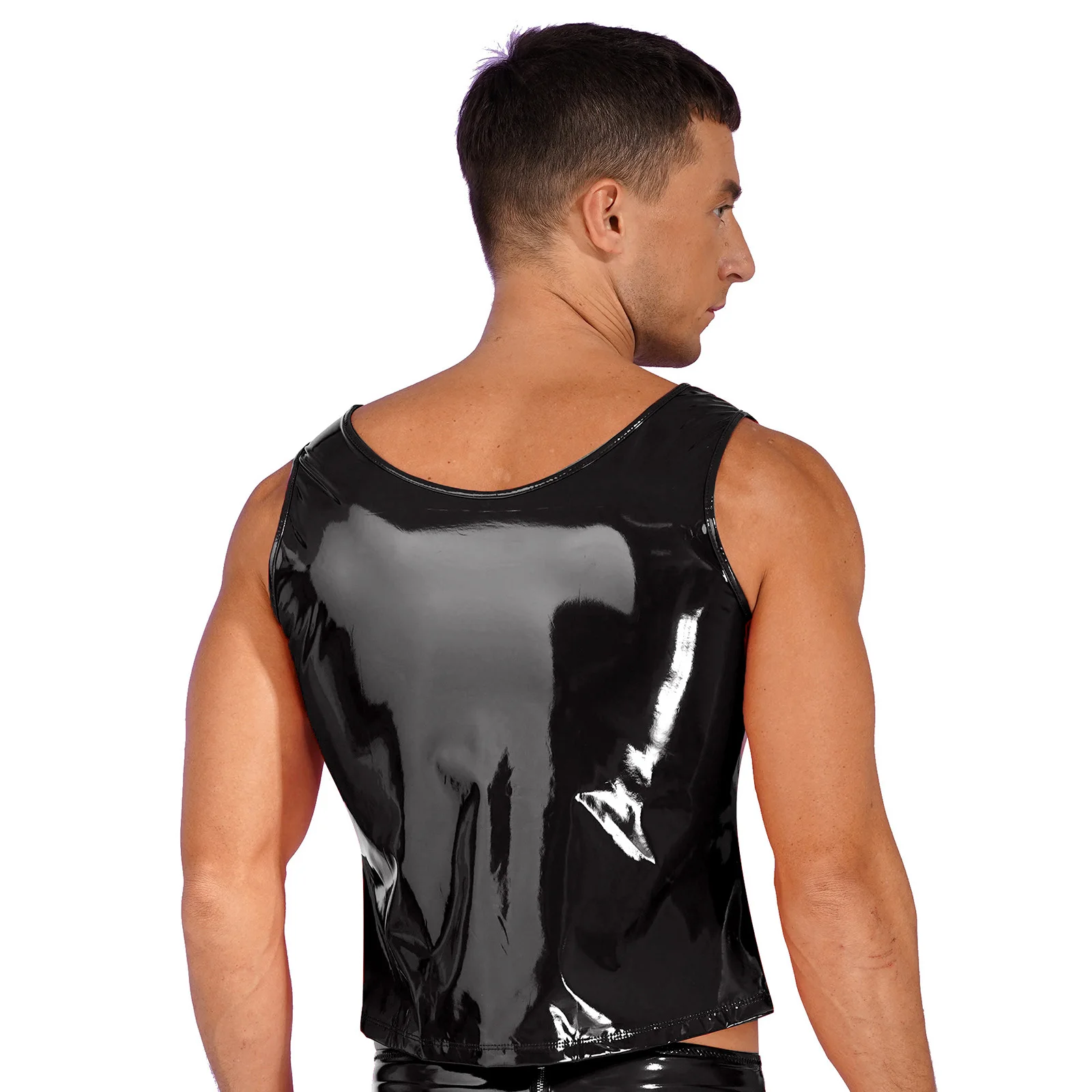 Mens Latex Tops Shiny Wetlook Patent Leather Tank Top Erotic Lingerie Sexy U Neck Sleeveless Zipper Vest for Club Pole Dancing