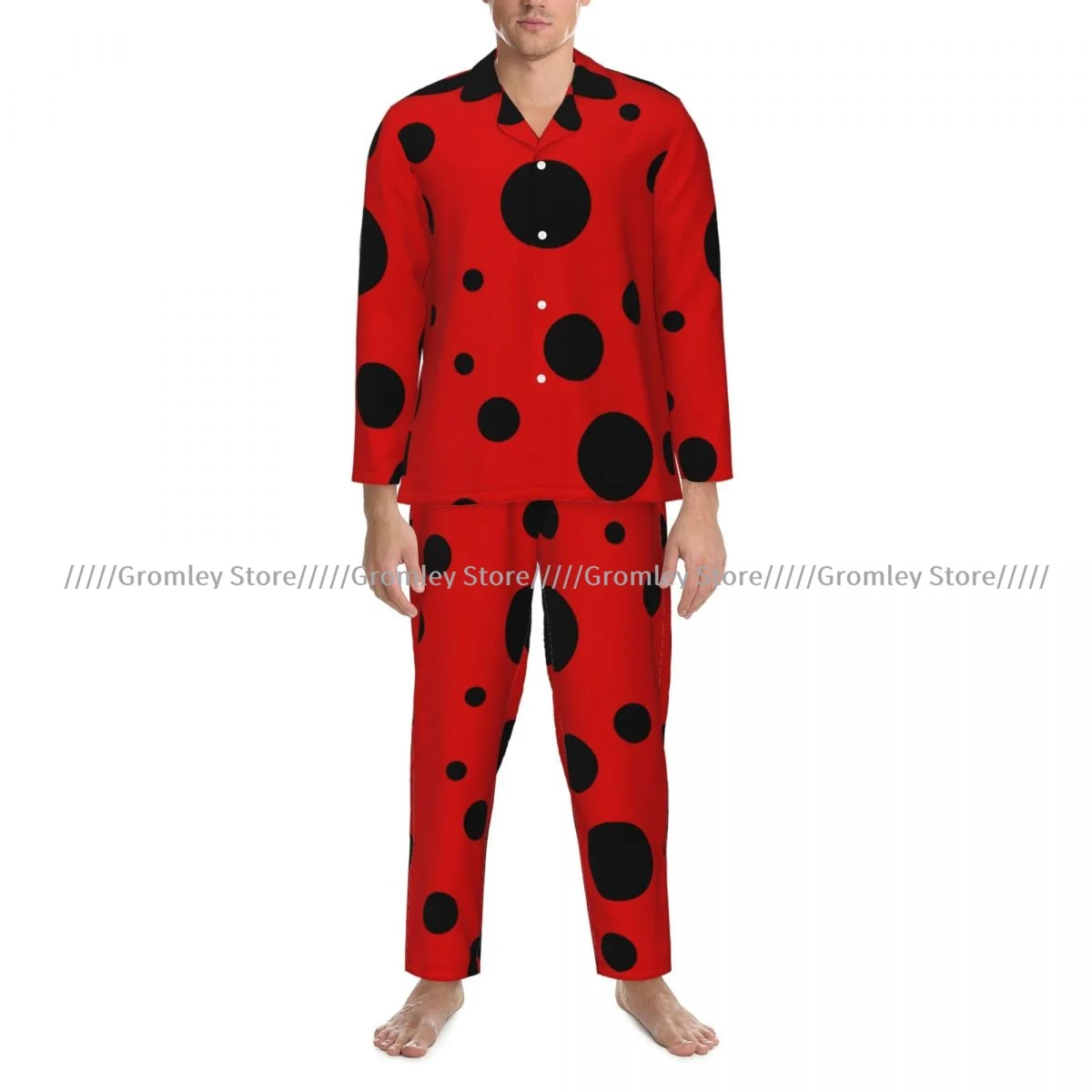 Men's Pajama Sets Red Ladybug Black Spots Sleepwear Long Sleeve Leisure Outwear Autumn Winter Loungewear