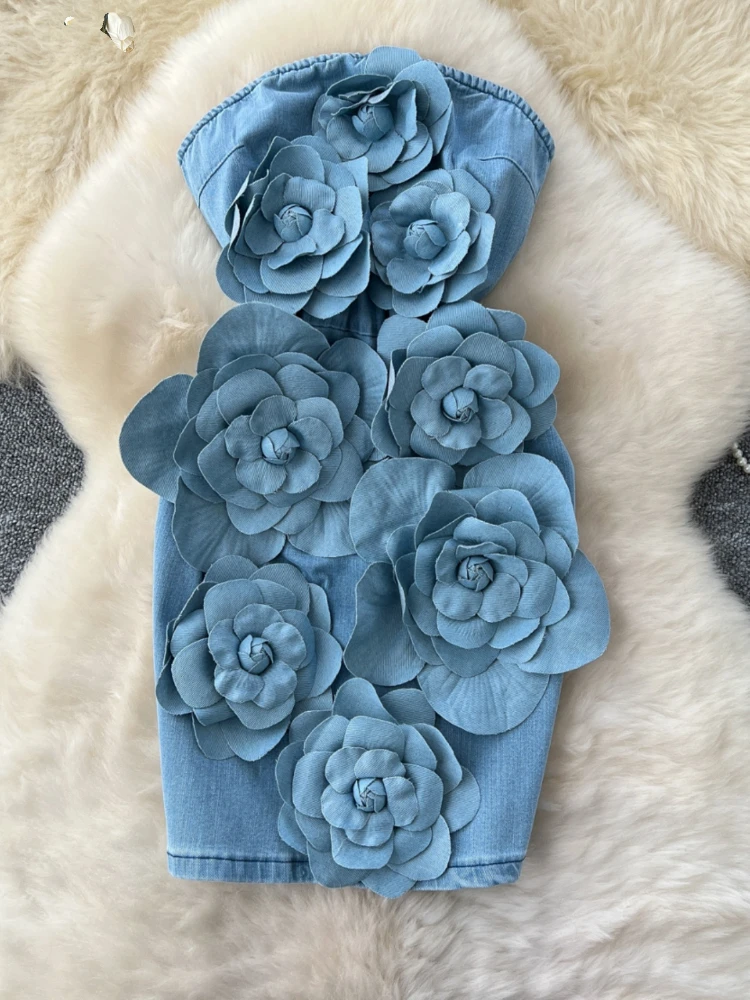 Robe de soirée élégante pour femmes, sans manches, sans bretelles, en jean bleu, Vintage, motif Floral tridimensionnel, en Denim, été