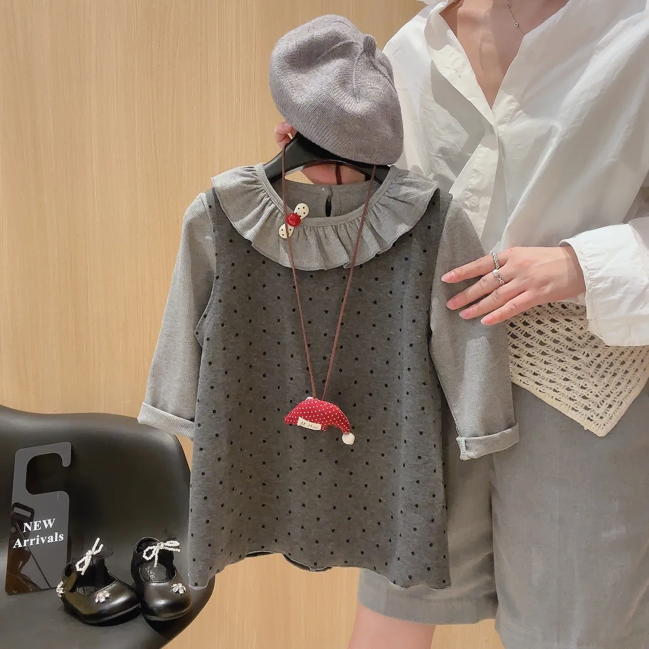 Korean Girls 2Pcs Outfits Baby Solid Rib Long Sleeve Inner Top + Polka Dot Sling Bubble Dress Toddler Autumn Casual Clothes Sets