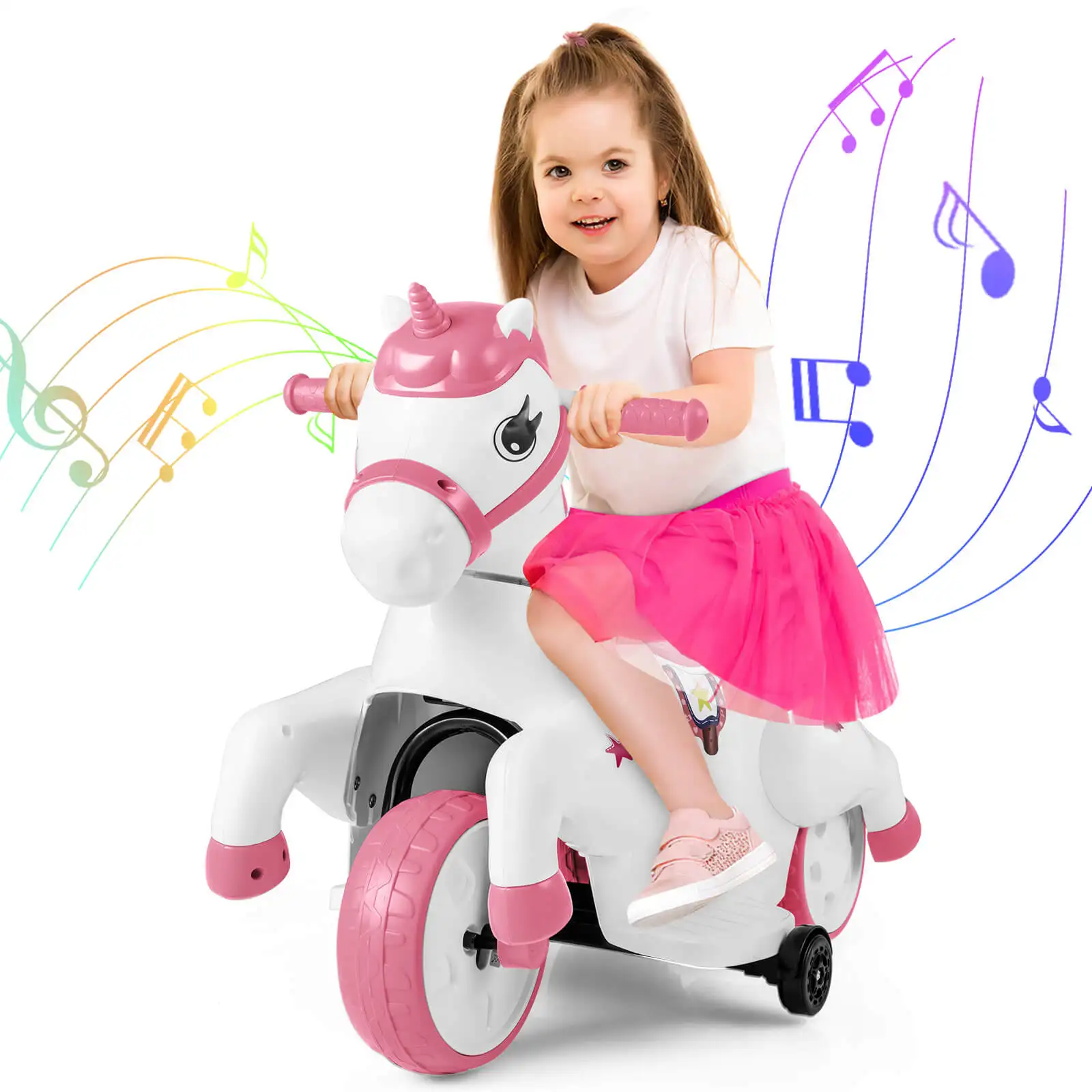 Juguete de unicornio con ruedas de entrenamiento para niños, juguete de caballo de arranque de un botón, música, 12V