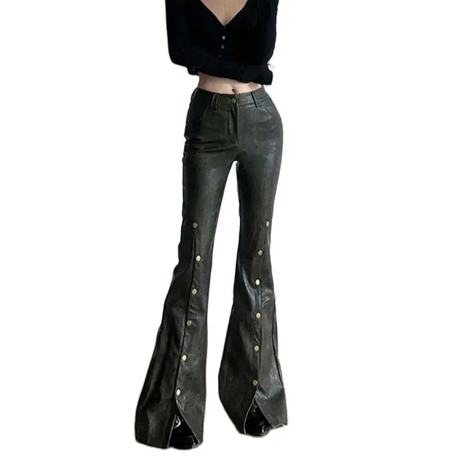 Micro-Flared Trousers With Slits And Multi-Button Design Autumn Winter New High-Waist Slimming Women'S Retro Flared Trousers