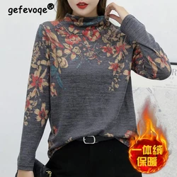 Women Vintage Floral Print Thick Warm Half High Collar Diamonds Basic T-shirt Autumn Winter Casual Loose Long Sleeve Ladies Tops