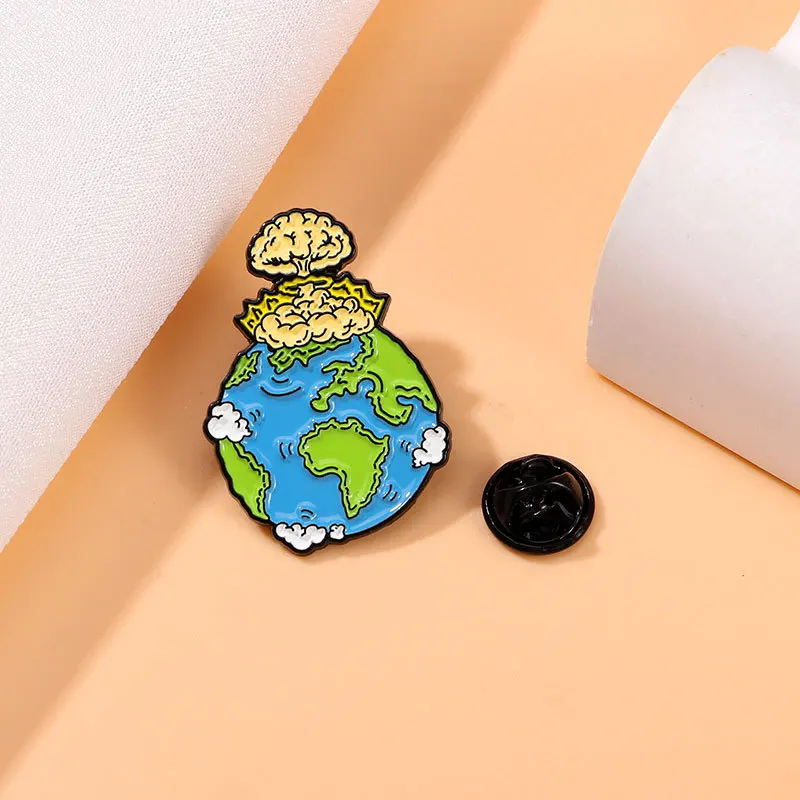 Cute Cartoon Peace Theme Enamel Brooch Creative Earth Nuclear Explosion Lapel Pin Badge Backpack Clothing Hat Accessories