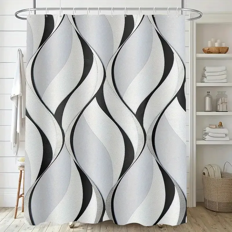 Modern Wave Shower Curtain, Black White Abstract Stripe Print Waterproof Bathroom Decor, Minimalist Home Bath Screen