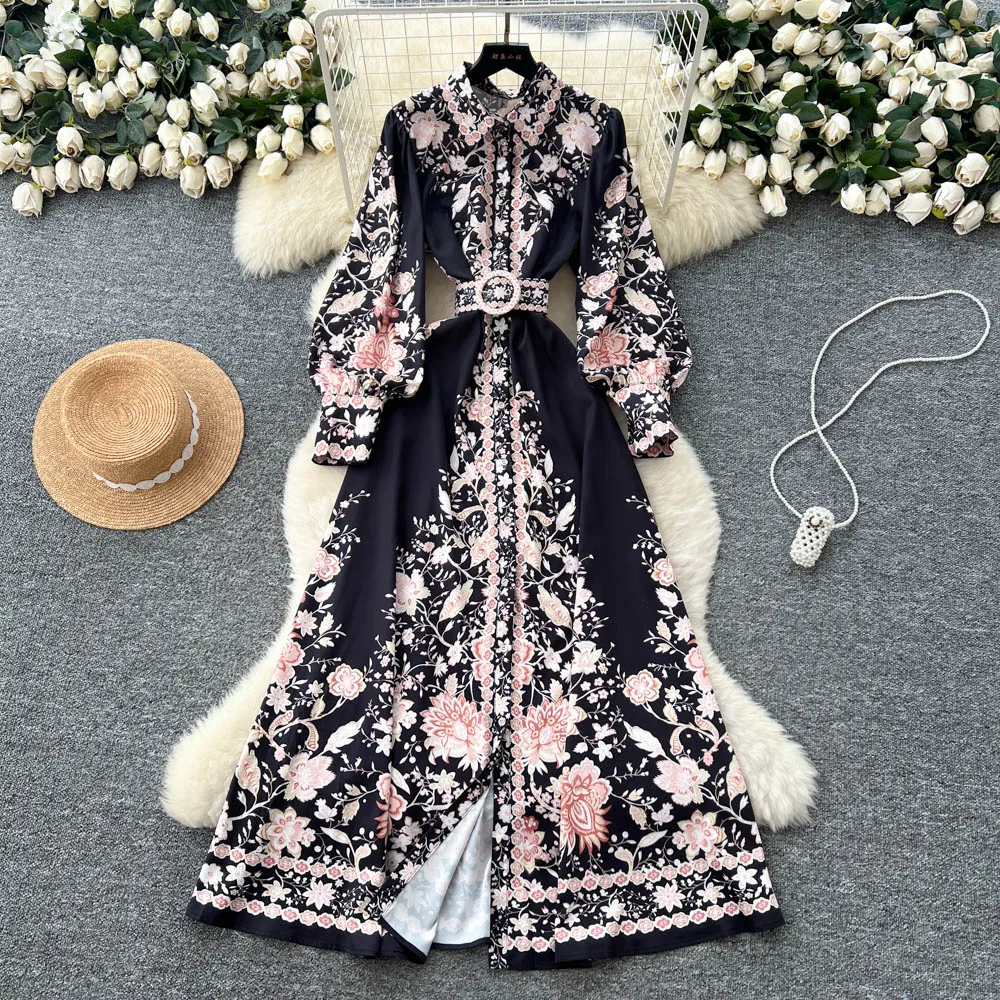 Robe Maxi à fleurs à manches longues pour femmes, chemise musulmane imprimée à simple boutonnage, style bohème, décontractée, nouvelle collection été automne