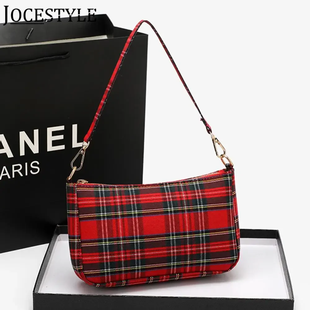 Damska modna torba na ramię Punk Tartan Check Stylowa torba na dojazdy Prosta torba w kratę z 2-paskami Tote Handbag