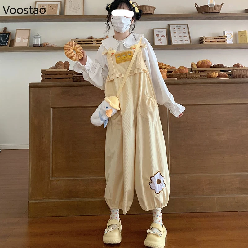 

Sweet Lolita Corduroy Jumpsuits Women Kawaii Cartoon Embroidery Loose Pants Casual Overalls Suspender Wide Leg Trousers Rompers