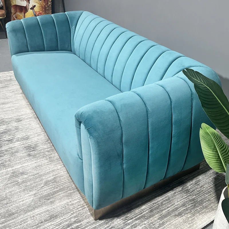 Simple modern blue flannel three-seater solid wood frame customizable lounge sofa for small apartment living room, American