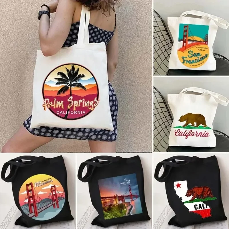 Shoulder Bag Vintage San Francisco California State Bear Flag Golden Gate Bridge Palm Harajuku Tote Foldable Shopper Bag Handbag