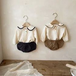 Baby Boy Girl Short Set 0-3Years Newborn Kids Long Sleeve Sailor Collar Pulover Tops PP Pant Bloomers 2PCS Outfit Cotton Clothes