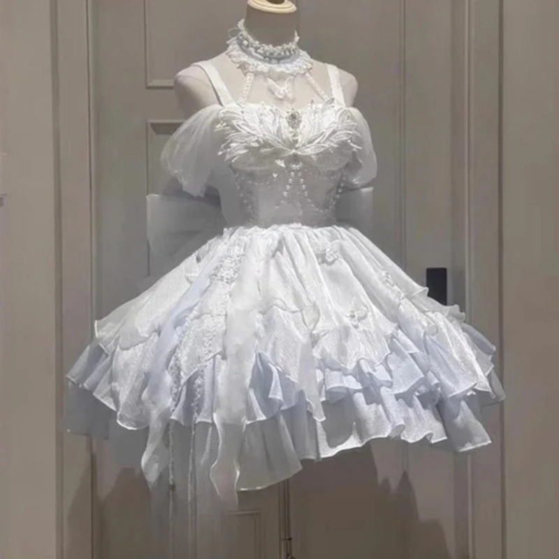 Sweet Lolita Y2k Mini Summer Dresses Women Kawaii Lace Patchwork Short Sleeve Bandage French Vintage Short Party Dress Female