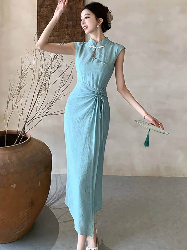 

2025 New Blue Print Bandage Bodycon Long Dress Women Elegant Chic Cheongsam Dress Summer Korean Vintage Festival Party Vestidos