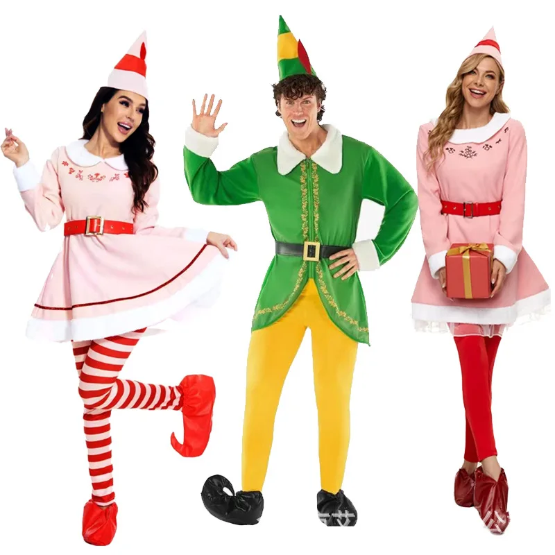 

Adult Christmas Elf Costume Santa Helper Fancy Dress for Women Men Holiday Party Cosplay Outfit with Hat Belt