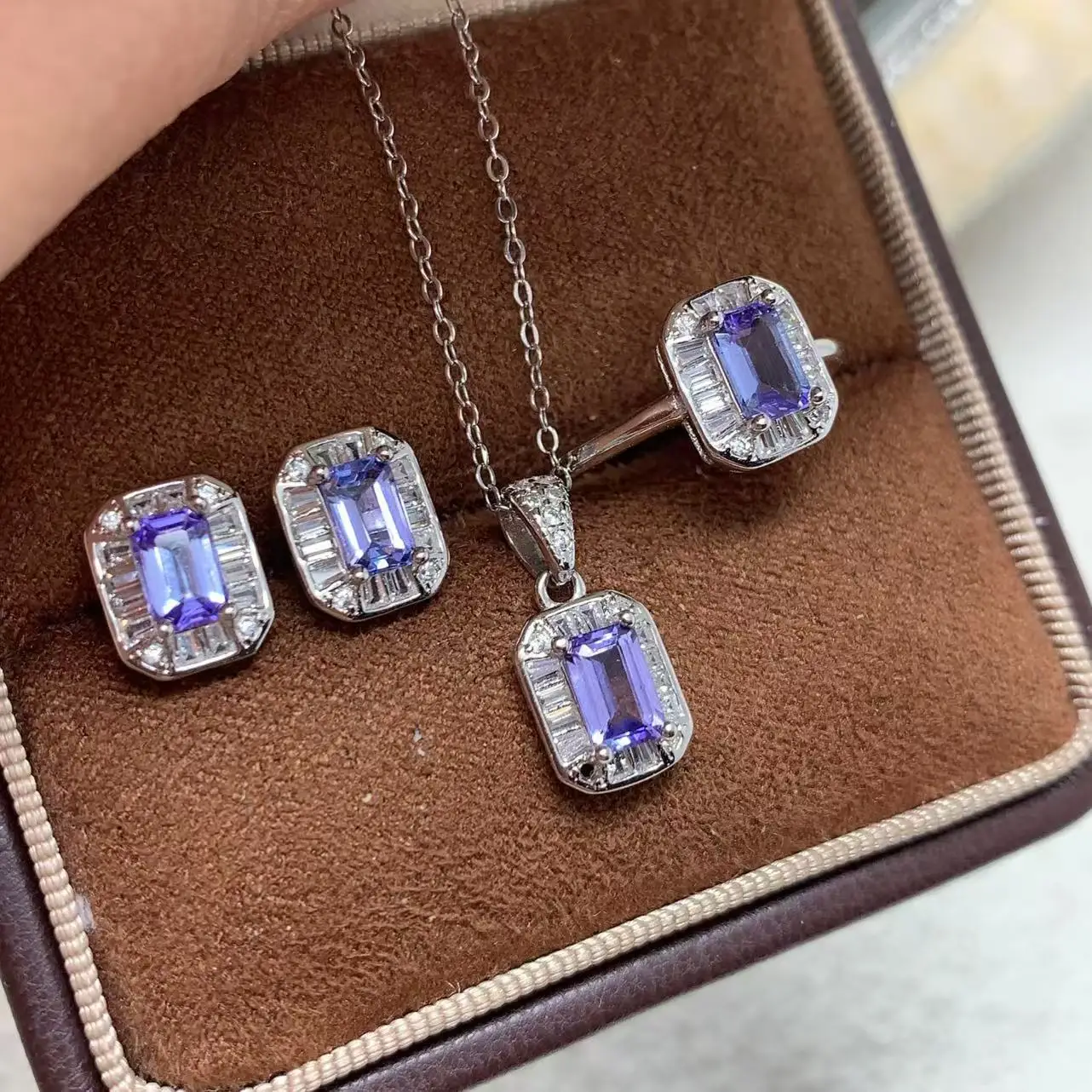 Natural Tanzanite Jewelry Set 4*6mm Emerald Cut Stone S925 Silver Ring Pendant Necklace Earrings Women Purple Gem Jewelry