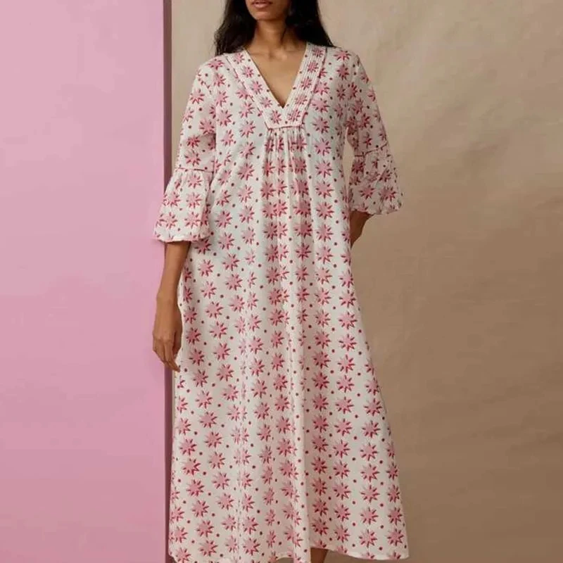 

Elegant Women's High Waist Loose A-line Dress Summer New Pleated Commute Maxi Dresses Leisure V-neck Printed Half Sleeve Dress